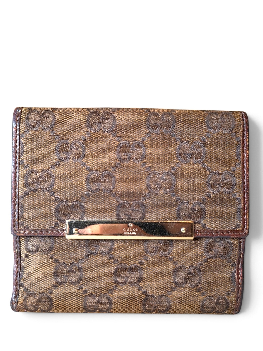 Gucci Brown Monogram Wallet with Gold-Tone Plaque